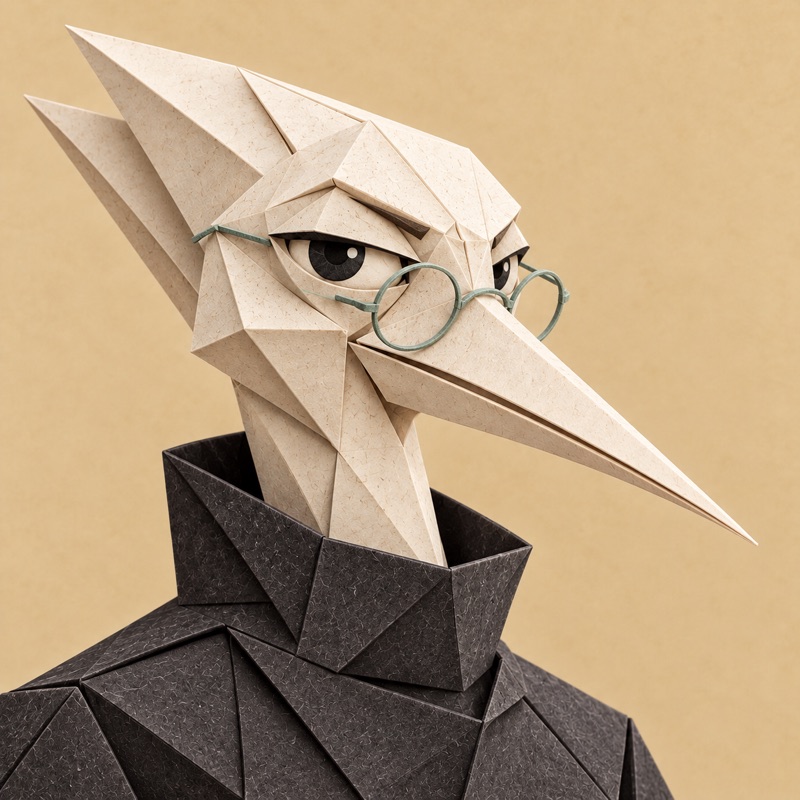The Critic: paper character in a charcoal turtleneck and round wire spectacles, parchment background.