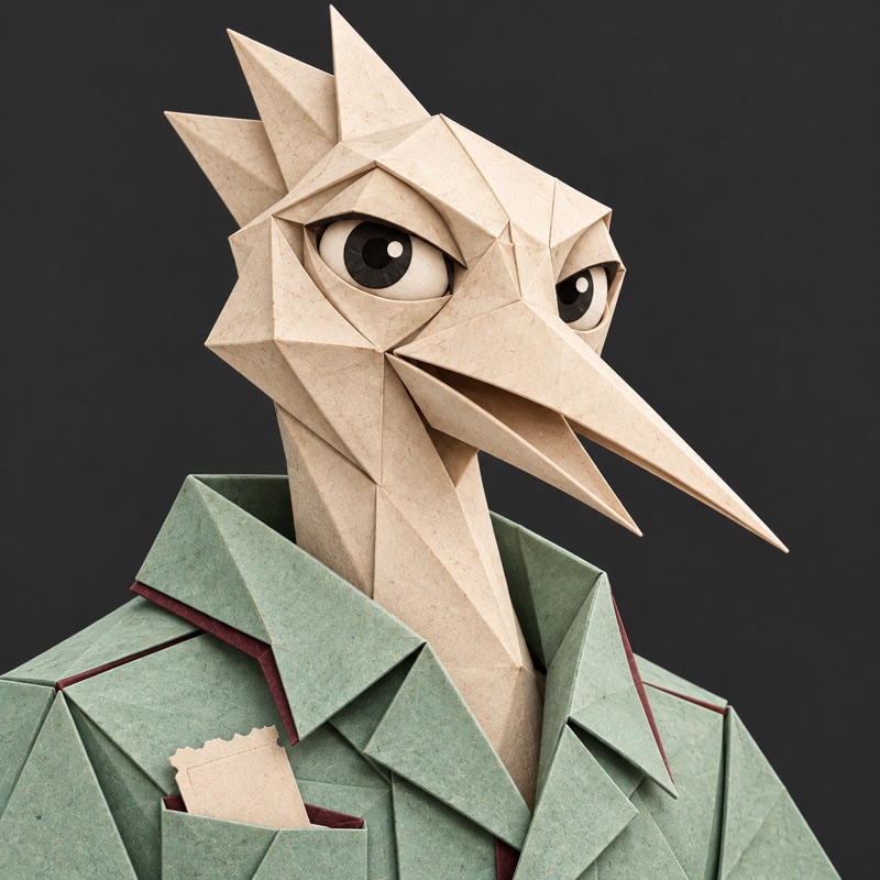 The Messenger: paper character in a mint bomber jacket holding a torn ticket, charcoal background.