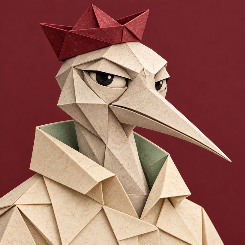 The Caretaker: paper character in a parchment raincoat and a burgundy folded-paper sailor hat, burgundy background.