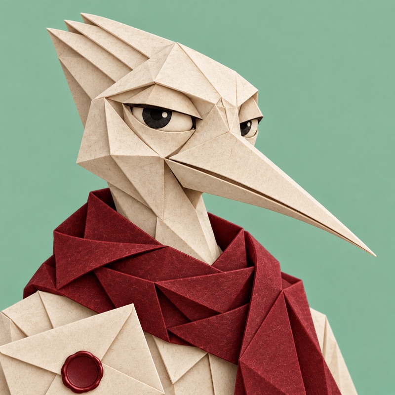 The Poet: paper character in a burgundy folded scarf with a wax-sealed envelope, mint background.